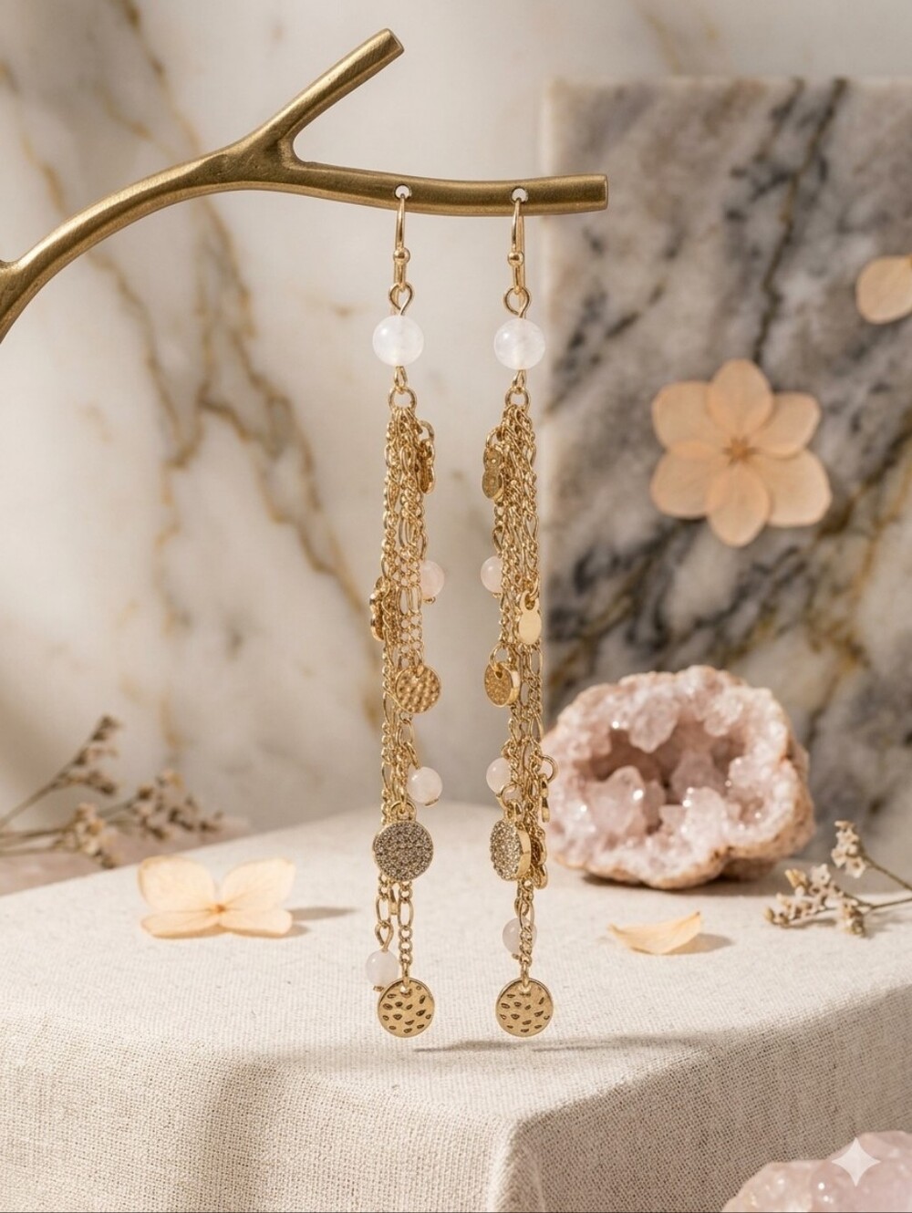 Gold Dangle Tassel Earrings with White Accent Beads